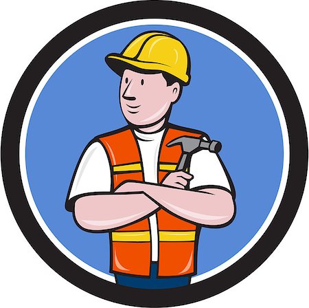 Illustration of a builder carpenter construction worker arms folded holding hammer looking to the side set inside circle on isolated background done in cartoon style. Photographie de stock - Aubaine LD & Abonnement, Code: 400-08709651