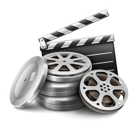 simsearch:400-04265939,k - Movie film disk with tape and directors clapper for cinematography filmmaking. Eps10 vector illustration. Isolated on white background Stock Photo - Budget Royalty-Free & Subscription, Code: 400-08709859