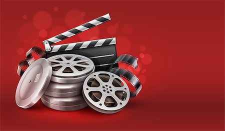 simsearch:400-08709856,k - Cinema film movie tape disks in boxes and directors clapper for filmmaking Stock Photo - Budget Royalty-Free & Subscription, Code: 400-08709860