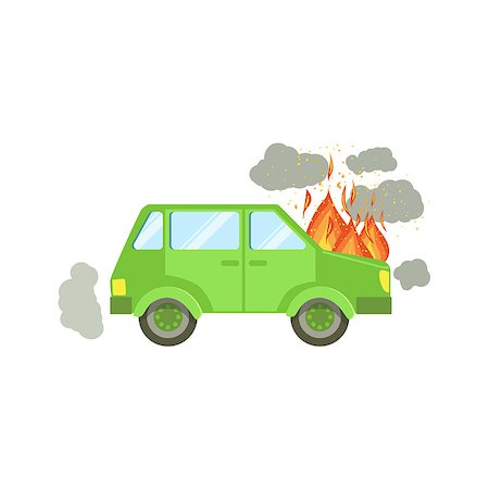 simsearch:400-04231682,k - Car With Engine On Fire And Smoke Clouds Around Flat Vector Illustration. Insurance Case Clipart Drawing In Childish Cartoon Style. Photographie de stock - Aubaine LD & Abonnement, Code: 400-08709957