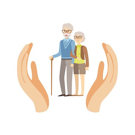simsearch:400-08654218,k - Old Couple Protected By Two Palms Flat Vector Illustration. Insurance Case Clipart Drawing In Childish Cartoon Style. Photographie de stock - Aubaine LD & Abonnement, Code: 400-08709964
