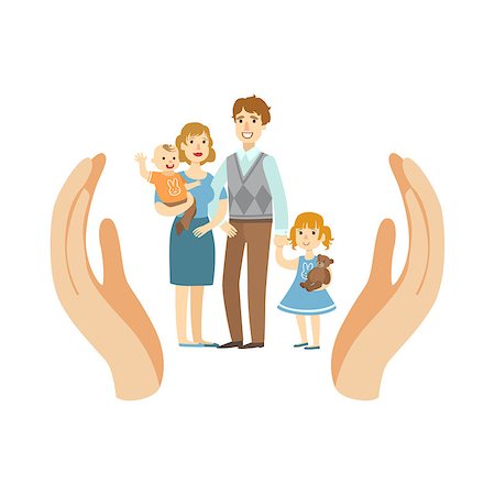Family Wih Two Kids Protected By Two Palms Flat Vector Illustration. Insurance Case Clipart Drawing In Childish Cartoon Style. Stock Photo - Budget Royalty-Free & Subscription, Code: 400-08709965