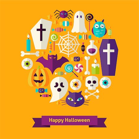 simsearch:400-09067759,k - Flat Happy Halloween Concept. Vector Illustration of Trick or Treat Colorful Objects. Foto de stock - Royalty-Free Super Valor e Assinatura, Número: 400-08710096