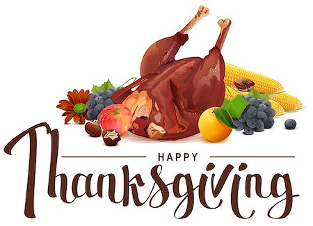 Happy Thanksgiving lettering text. Rich harvest of grapes, apple, corn, orange and roasted turkey. Illustration in vector format Foto de stock - Royalty-Free Super Valor e Assinatura, Número: 400-08710129