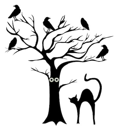 vector illustration of a tree with crows and a cat Foto de stock - Super Valor sin royalties y Suscripción, Código: 400-08710180
