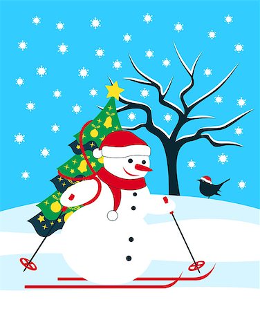 santa claus ski - vector snowman skier carrying christmas tree and bird in snowy landscape Stock Photo - Budget Royalty-Free & Subscription, Code: 400-08710598