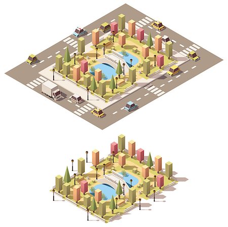 Vector isometric low poly city park with lake and bridge Stock Photo - Budget Royalty-Free & Subscription, Code: 400-08710648