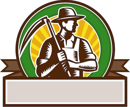 simsearch:400-07422645,k - Illustration of an organic farmer farm worker wearing hat holding scythe looking to the side set inside circle and banner with sunburst in the background done in retro woodcut style. Photographie de stock - Aubaine LD & Abonnement, Code: 400-08710694