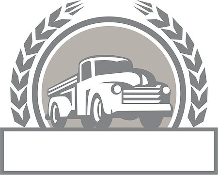 Illustration of a vintage pick up truck set inside circle with stylized wheat wreath done in retro style. Foto de stock - Super Valor sin royalties y Suscripción, Código: 400-08710698
