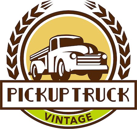 Illustration of a vintage pick up truck set inside circle with stylized wheat wreath and the words text Pickup Truck Vintage done in retro style. Stock Photo - Budget Royalty-Free & Subscription, Code: 400-08710699