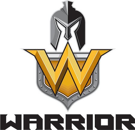 Illustration of a spartan warrior helmet and letter W on a shield crest and the word text Warrior set on isolated white background done in retro style. Stock Photo - Budget Royalty-Free & Subscription, Code: 400-08710691