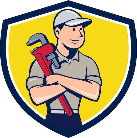 simsearch:400-08012294,k - Illustration of a plumber wearing hat looking to the side arms crossed holding monkey wrench viewed from front set inside shield crest on isolated background done in cartoon style. Foto de stock - Super Valor sin royalties y Suscripción, Código: 400-08710720