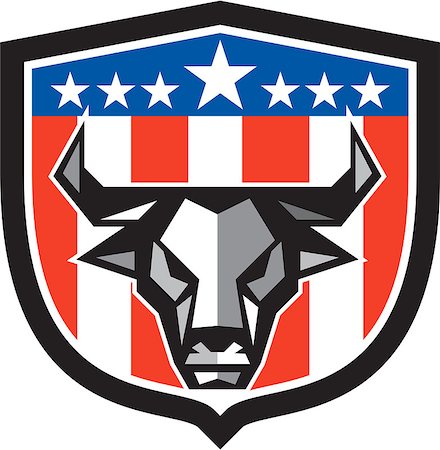 simsearch:400-08653412,k - Low polygon style illustration of a bull cow head facing front set inside shield crest with usa american stars and stripes flag in the background. Stock Photo - Budget Royalty-Free & Subscription, Code: 400-08710739