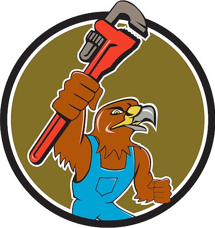 person holding monkey wrench - Illustration of a hawk plumber holding wrench spanner set inside circle on isolated background done in cartoon style. Stock Photo - Budget Royalty-Free & Subscription, Code: 400-08710745