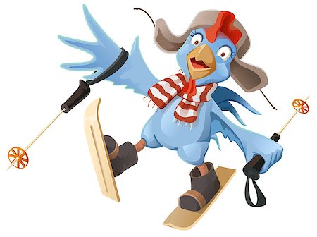 ski cartoon color - Blue Rooster symbol 2017. Cartoon Cock chicken skiing. Isolated on white vector illustration Stock Photo - Budget Royalty-Free & Subscription, Code: 400-08710794