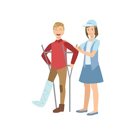 Volunteer Helping The Guy On Crouches Flat Illustration Isolated On White Background. Simplified Cartoon Character In Cute Childish Manner. Stock Photo - Budget Royalty-Free & Subscription, Code: 400-08710920