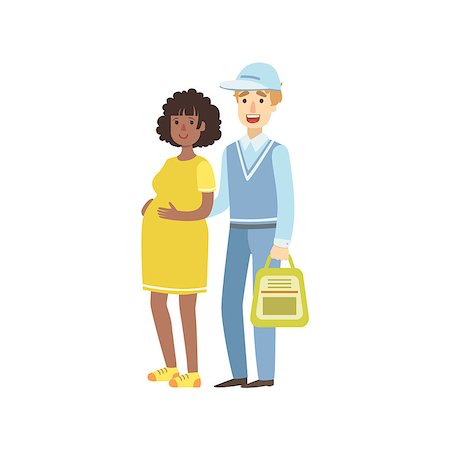 Volunteer Helping Pregnant Woman Flat Illustration Isolated On White Background. Simplified Cartoon Character In Cute Childish Manner. Stock Photo - Budget Royalty-Free & Subscription, Code: 400-08710923