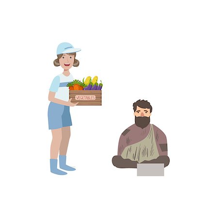 profugo (uomo e donna) - Volunteer Giving Food To Homeless Man Flat Illustration Isolated On White Background. Simplified Cartoon Character In Cute Childish Manner. Fotografie stock - Microstock e Abbonamento, Codice: 400-08710930