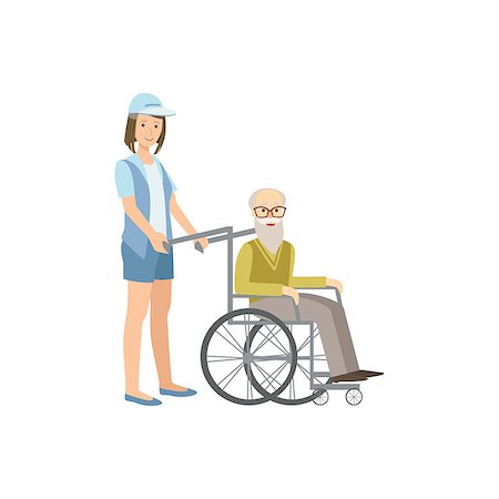 Volunteer Rolling Old Man In Wheelchair Flat Illustration Isolated On White Background. Simplified Cartoon Character In Cute Childish Manner. Stock Photo - Budget Royalty-Free & Subscription, Code: 400-08710933