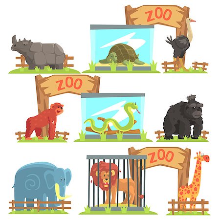 Wild Animals Behind The Shed In Zoo Set. Colorful Illustration With Outdoors Zoo In Vector Funky Stylized Design Stock Photo - Budget Royalty-Free & Subscription, Code: 400-08710969