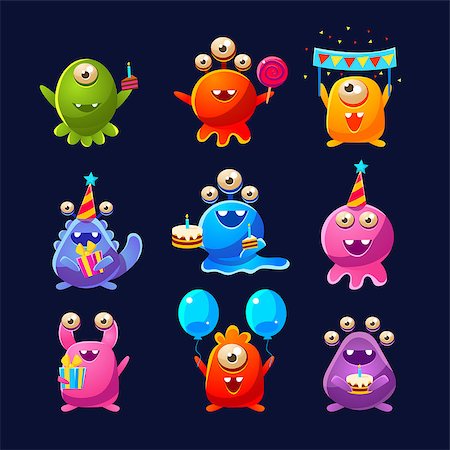 eyes birthday cake - Fantastic Aliens With Birthday Party Objects Cute Childish Stickers. Cartoon Colorful Alien Characters Isolated On Dark Background. Stock Photo - Budget Royalty-Free & Subscription, Code: 400-08711006