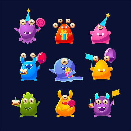 eyes birthday cake - Fantastic Monsters With Birthday Party Objects Cute Childish Stickers. Cartoon Colorful Alien Characters Isolated On Dark Background. Stock Photo - Budget Royalty-Free & Subscription, Code: 400-08711007