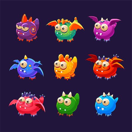 spiral tails of animals - Little Alien Monsters With And Without Wings Collection Of Bright Color Vector Icons Isolated On Dark Background. Cute Childish Fantastic Animal Characters Design. Photographie de stock - Aubaine LD & Abonnement, Code: 400-08711000