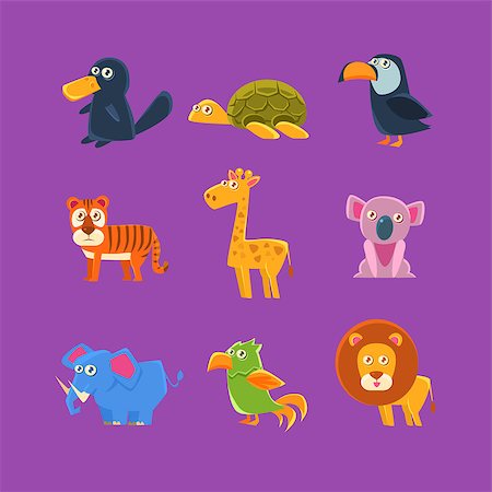 simsearch:400-08651005,k - Exotic Animals Fauna Set Of Silly Childish Drawings Isolated On Purple Background. Funny Animal Colorful Vector Stickers Set. Stock Photo - Budget Royalty-Free & Subscription, Code: 400-08711011
