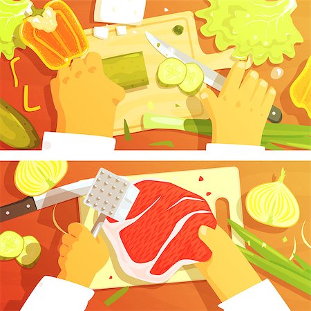 Cooking Of Salad And Steak Two Bright Color Illustrations. Hands Working On Food Preparation View From Above Drawing. Flat Cartoon Style Vector Image. Stock Photo - Budget Royalty-Free & Subscription, Code: 400-08711024