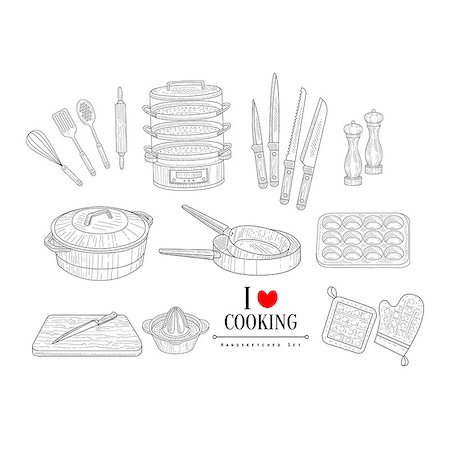 Cooking Related Clipart Objects Hand Drawn Realistic Detailed Sketch In Classy Simple Pencil Style On White Background Stock Photo - Budget Royalty-Free & Subscription, Code: 400-08711025