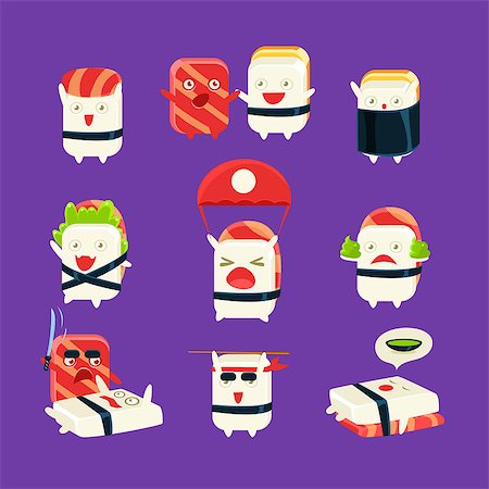 sleeping japanese baby - Funny Sushi Man Different Activities. Set Of Silly Childish Drawings Isolated On Dark Background. Funny Creature Colorful Vector Stickers Set. Stock Photo - Budget Royalty-Free & Subscription, Code: 400-08711022