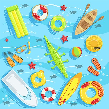 Water Toys And Water Sports Objects And Boats From Above Illustration. Bright Color Summer Vacation Related Collection Of Objects Detailed Drawing. Foto de stock - Super Valor sin royalties y Suscripción, Código: 400-08711038