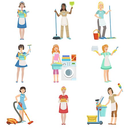 Hotel Professional Maids With Cleaning Equipment Set Of Illustrations. Cleaning Ladies Tiding Up With Special Inventory Simple Flat Vector Drawings. Stock Photo - Budget Royalty-Free & Subscription, Code: 400-08711032