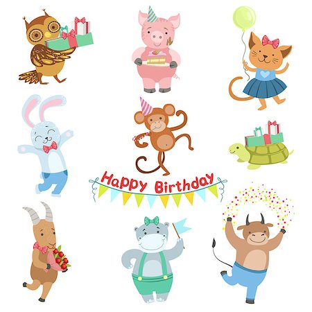 pictures rabbit turtle - Cute Animal Characters Attending Birthday Party Celebration Set. Childish Cartoon Style Animals Dressed In Human Clothes Vector Stickers Stock Photo - Budget Royalty-Free & Subscription, Code: 400-08711045