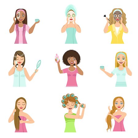 facial mask brush - Girls Preening Up Using Masks And Creams Set Of Isolated Portraits In Simple Cute Vector Design Style On White Background Stock Photo - Budget Royalty-Free & Subscription, Code: 400-08711049