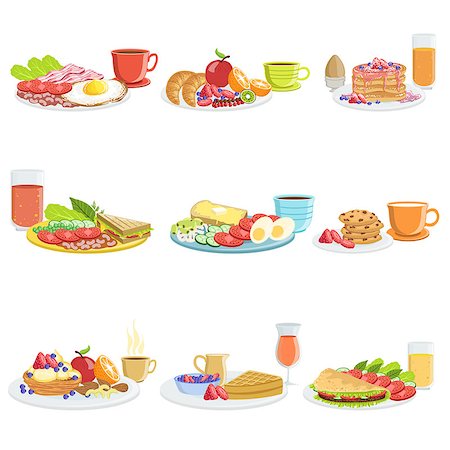 simsearch:400-08654097,k - Breakfast Meal Different Sets. Collection Of Morning Menu Plates Illustrations In Detailed Simple Vector Design. Foto de stock - Super Valor sin royalties y Suscripción, Código: 400-08711040
