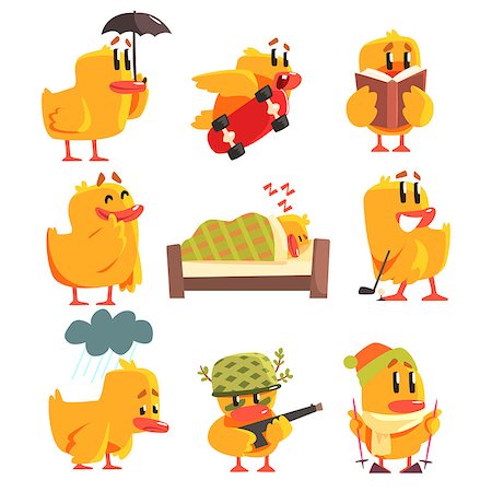 Duckling Different Activities Collection Of Cute Character Stickers. Little Duck In Funny Situations Childish Cartoon Graphic Illustrations On White Background. Foto de stock - Super Valor sin royalties y Suscripción, Código: 400-08711057