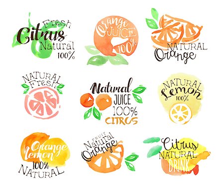 simsearch:400-08776910,k - Fesh Citrus Juice Promo Signs Colorful Set Of Watercolor Stylized Logo With Text On White Background Stockbilder - Microstock & Abonnement, Bildnummer: 400-08711069