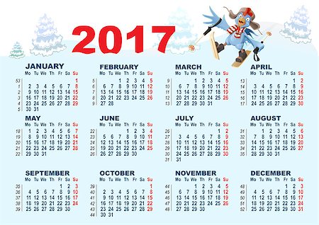 ski cartoon color - Blue Rooster symbol 2017 and calendar. Cartoon Cock chicken skiing. Vector illustration Stock Photo - Budget Royalty-Free & Subscription, Code: 400-08711142