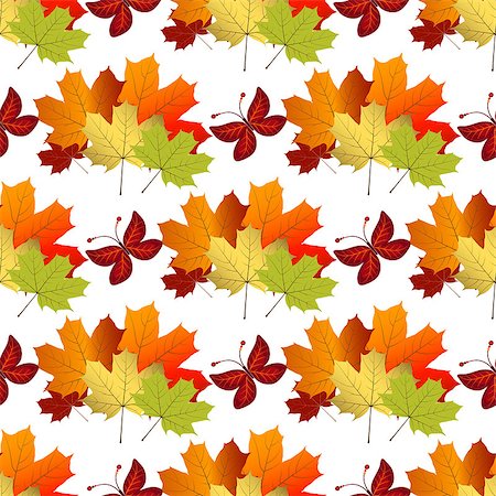 drawn images of maple leaves - White autumn seamless pattern with vivid colorful maple leaves and purple butterflies, vector Stock Photo - Budget Royalty-Free & Subscription, Code: 400-08711203