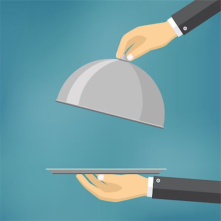 Waiter holding an empty cloche on the blue background. Also available as a Vector in Adobe illustrator EPS 10 format. Stock Photo - Budget Royalty-Free & Subscription, Code: 400-08711217
