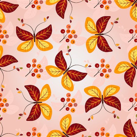 drawn images of maple leaves - Gradient autumn seamless pattern with vivid colorful butterflies and berries, vector Stock Photo - Budget Royalty-Free & Subscription, Code: 400-08711398