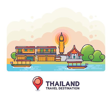 Vector Illustration of Thailand Travel Destination Colorful Detailed Skyline for Poster, Icon, Banner,Postcard. Trendy Linear Style Stock Photo - Budget Royalty-Free & Subscription, Code: 400-08711417