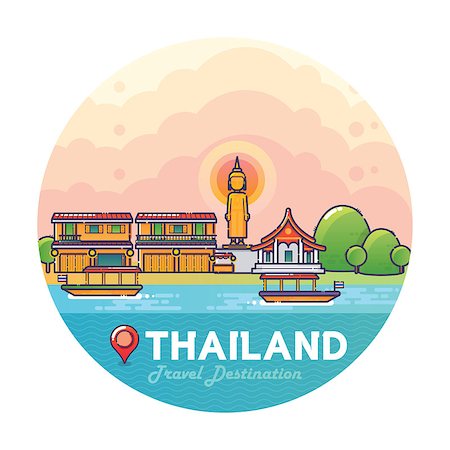 Vector Illustration of Thailand Travel Destination Colorful Detailed Skyline for Poster, Icon, Banner,Postcard. Trendy Linear Style Stock Photo - Budget Royalty-Free & Subscription, Code: 400-08711419