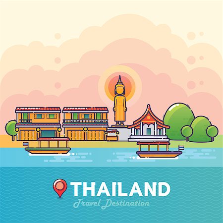 Vector Illustration of Thailand Travel Destination Colorful Detailed Skyline for Poster, Icon, Banner,Postcard. Trendy Linear Style Stock Photo - Budget Royalty-Free & Subscription, Code: 400-08711420