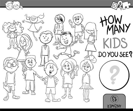 simsearch:400-09092454,k - Black and White Cartoon Illustration of Educational Counting or Calculating Task for Children with Kid Characters Crowd Coloring Book Stockbilder - Microstock & Abonnement, Bildnummer: 400-08711474