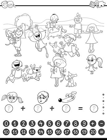 simsearch:400-08965099,k - Black and White Cartoon Illustration of Educational Mathematical Counting and Addition Activity Task for Children with Kids and Dogs Coloring Book Stock Photo - Budget Royalty-Free & Subscription, Code: 400-08711478