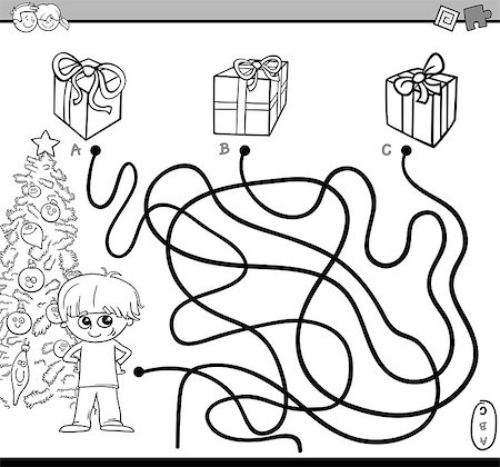 Black and White Cartoon Illustration of Educational Paths or Maze Puzzle Activity with Kid Boy and Christmas Presents Coloring Book Stock Photo - Budget Royalty-Free & Subscription, Code: 400-08711486