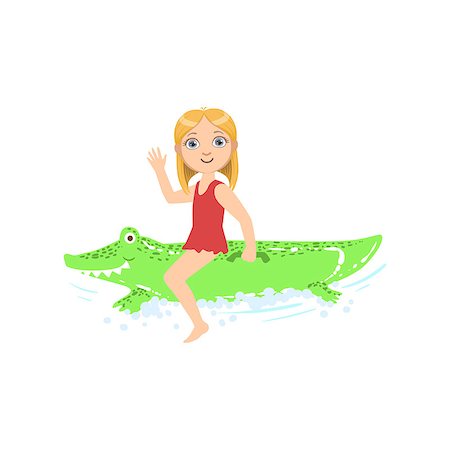 Girl Riding Inflatable Crocodile Toy In The Water Simple Design Illustration In Cute Fun Cartoon Style Isolated On White Background Stock Photo - Budget Royalty-Free & Subscription, Code: 400-08712021