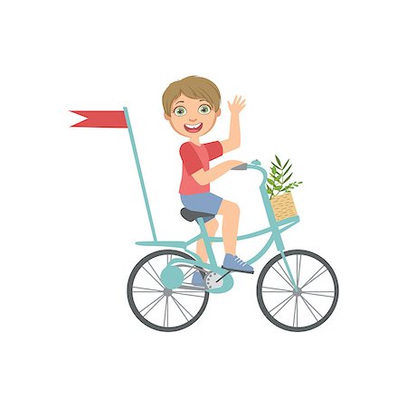 riding bike with basket - Boy Riding A Bicycle Waving Simple Design Illustration In Cute Fun Cartoon Style Isolated On White Background Stock Photo - Budget Royalty-Free & Subscription, Code: 400-08712069